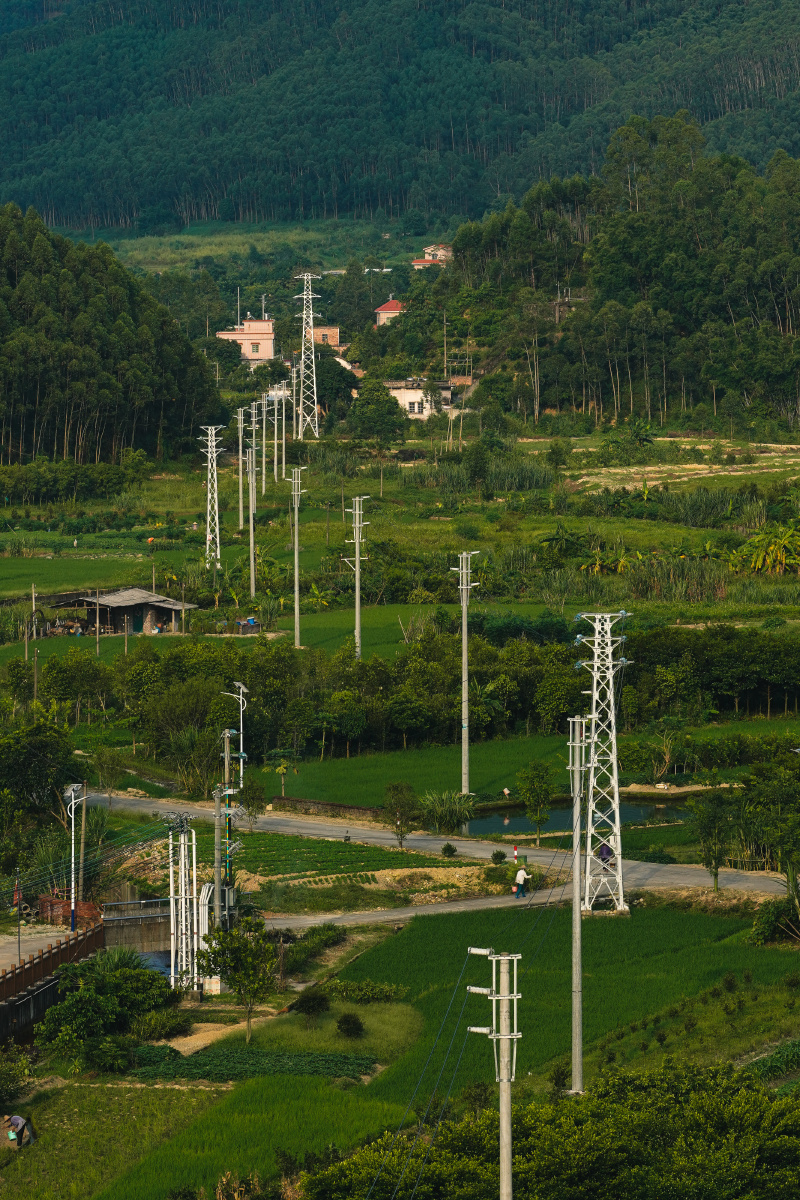 错落有致的电线杆延伸至山的另一头