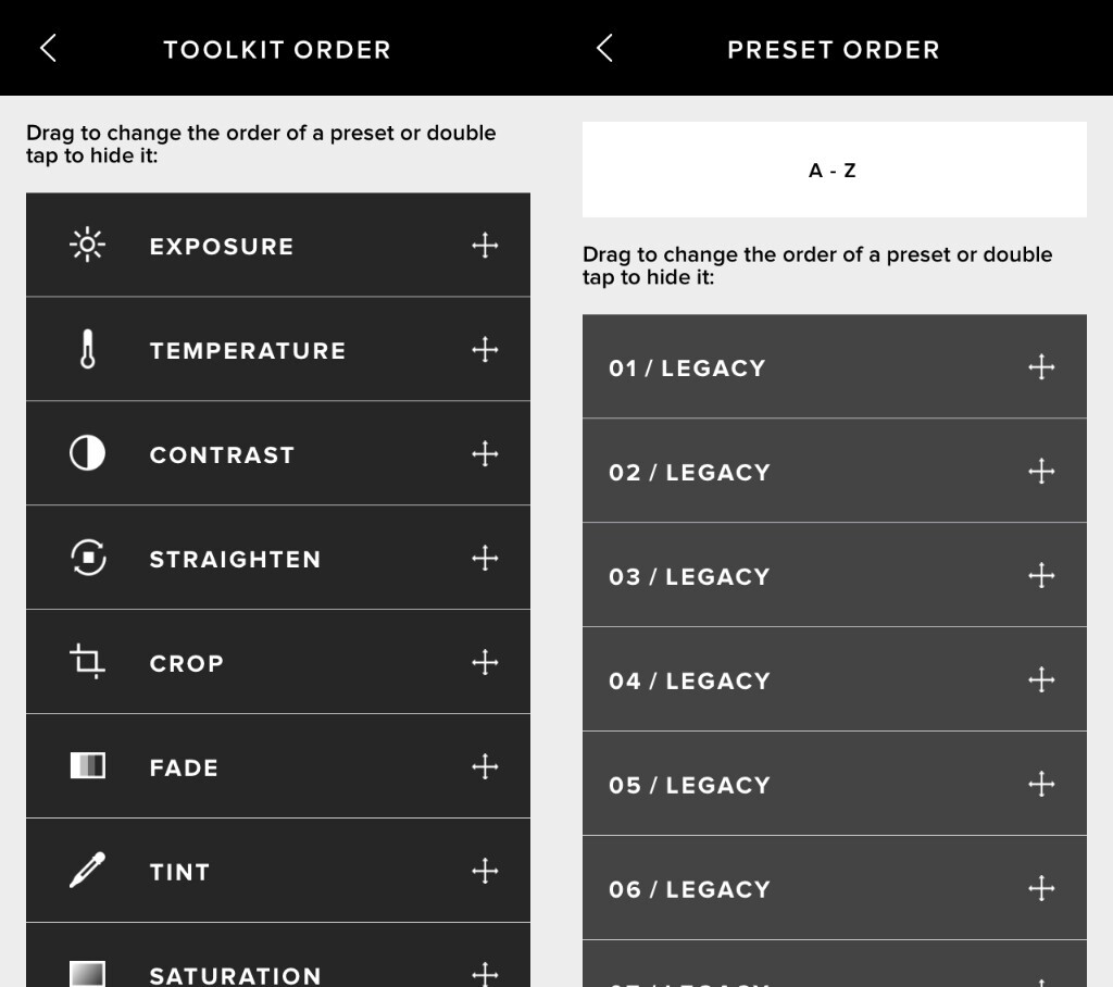     第三部分是Editing，主要就两方面：工具箱工具的顺序排列，以及滤镜的顺序排列。在这里，你可以自定义对工具箱（即曝光值、对比度等）的基本参数进行排序，以及对滤镜的顺序进行排列。按住每一项参数右侧的十字，进行拖动就好了。你可以根据自己的习惯，自己来排列它们的顺序。