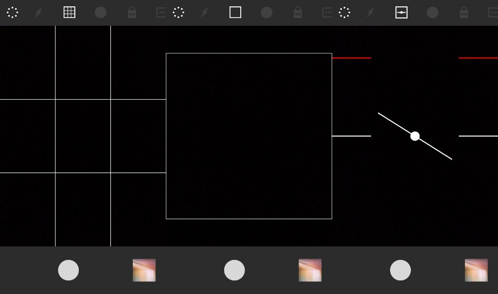     这个校正辅助线的模式，值得好好说一说。此模式提供白色的水平校正线以及红色的垂直校正线。如果手机达到水平或者垂直，白色/红色的辅助线就会变成黄绿色。为何是这三种颜色呢？因为它们是VSCOcam的logo上的那三种颜色啊。（当然是从前的logo，不是现在的灰度logo）<br />
<br />
    运用不同的辅助线功能，可以帮助我们更加接近完美地进行取景、构图。<br />
<br />
    3、一个圆的图标。（我不知道怎么形容它……）点击之后，取景的屏幕边界会有一个红色的框。这时，只要触摸取景区域的屏幕的任意位置就可以拍照，不需要特地去按快门啦。（感谢Lofter上朋友的友情告知~）不过在这种模式下，就用不了对焦点和测光点了。<br />
<br />
    4、白平衡锁定模式：顾名思义，锁住白平衡的值，不让拍照时画面的色温一直在变（一些特殊的光环境下，白平衡时刻变化是很恼人的）。<br />
<br />
    5、曝光补偿模式：点击ADV这个按钮，屏幕下方会出现一个调整曝光值的滑钮，默认是数值0.0（这是零点零，不是卖萌的表情啦）。向左滑可以降低曝光值，即变暗；向右滑就可以提高曝光值，即变亮。如果点击滑钮左侧的ADV，那么曝光会恢复到自动模式。这个其实就是调曝光值的功能啦，与相机的“曝光补偿”有一定差距，之所以这么叫，是觉得挺有逼格的咳咳。<br />
    补充：在这个ADV选项里，不只有曝光调整，还有其他详细的拍摄参数调整。在ADV模式下，点击左下角的太阳图标，可以切换调整模式：除了曝光补偿，还有白平衡、对焦距离以及ISO感光度。<br />
    （说句题外话：其实iPhone自己自带的照相机也有调整曝光的功能。使用iPhone自带相机，戳一下屏幕，负责对焦和测光的方框旁边会出现一个小太阳图标。将小太阳上下移动，就可以调节曝光值了。其实iPhone自带的相机没有那么弱，还是有很多隐藏功能大家不知道啦~。）<br />
<br />
    6、背景颜色切换：最后一个按钮，可以切换拍照时背景的颜色。白色——灰色。<br />
<br />
    拍照的辅助功能就是这些了……当然不是啦。还有一个最重要的功能，就是对焦点与测光点功能了。