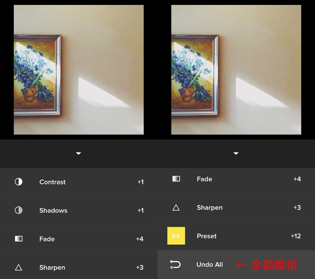     那么第三部分的历史记录/撤销操作有什么用呢？<br />
<br />
    当你处理完一张照片之后，点击第三个按钮，这里会显示你对这张照片做的所有的处理的历史记录。这个历史记录并不是按时间排序的，而是按照系统默认的工具顺序来排序的，上面详细记录了你选择了什么滤镜，参数多少；每项基本参数调节的参数又是多少。在这里，你可以对任一参数进行修改。如果你想将这些操作全部撤销，那么最底部还有【Undo All】按键。点击之，那么你对这张照片的所有操作也将会全部撤销。<br />
<br />
    所以注意：处理完一张照片之后要记得点击保存；点击错号以及全部撤销时要慎重啊。<br />
<br />
    （VSCOcam旧版本所提供的撤销操作很容易弄混，使用体验并不好。新版本的历史记录还是十分清晰明了的。）