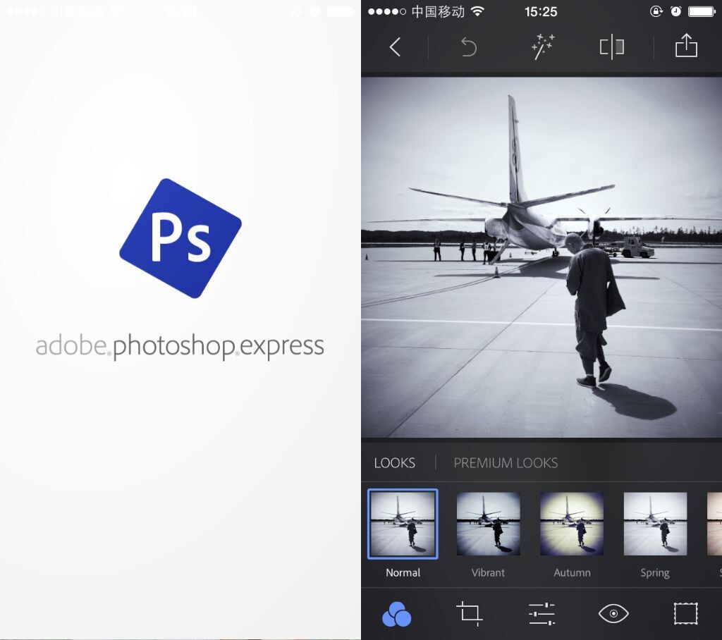 【Photoshop Express】其实类似Laminar Pro与Filterstorm的应用也有一些，但是往往功能不够强大，而且操作起来不是很令人满意。既然总说一个应用是“手机上的Photoshop”，那么PS是否有手机版呢？其实PS也有手机移动版：Photoshop Express。<br />
      Photoshop Express在商店很难找到，麻团也是通过第三方的快用苹果助手下载的。目前版本更新到3.3，仅供美国区的App Store，如果想试用可以像麻团一样，在第三方下载（比如快用苹果助手）。<br />
     其实Photoshop Express并没有Laminar Pro那样的专业，功能不是很复杂，也有一些滤镜以及边框等新奇功能，算是和Laminar Pro之辈不同风格的App。如果想畅快地使用图层、蒙版等高级功能，还是需要Laminator Pro。<br />
