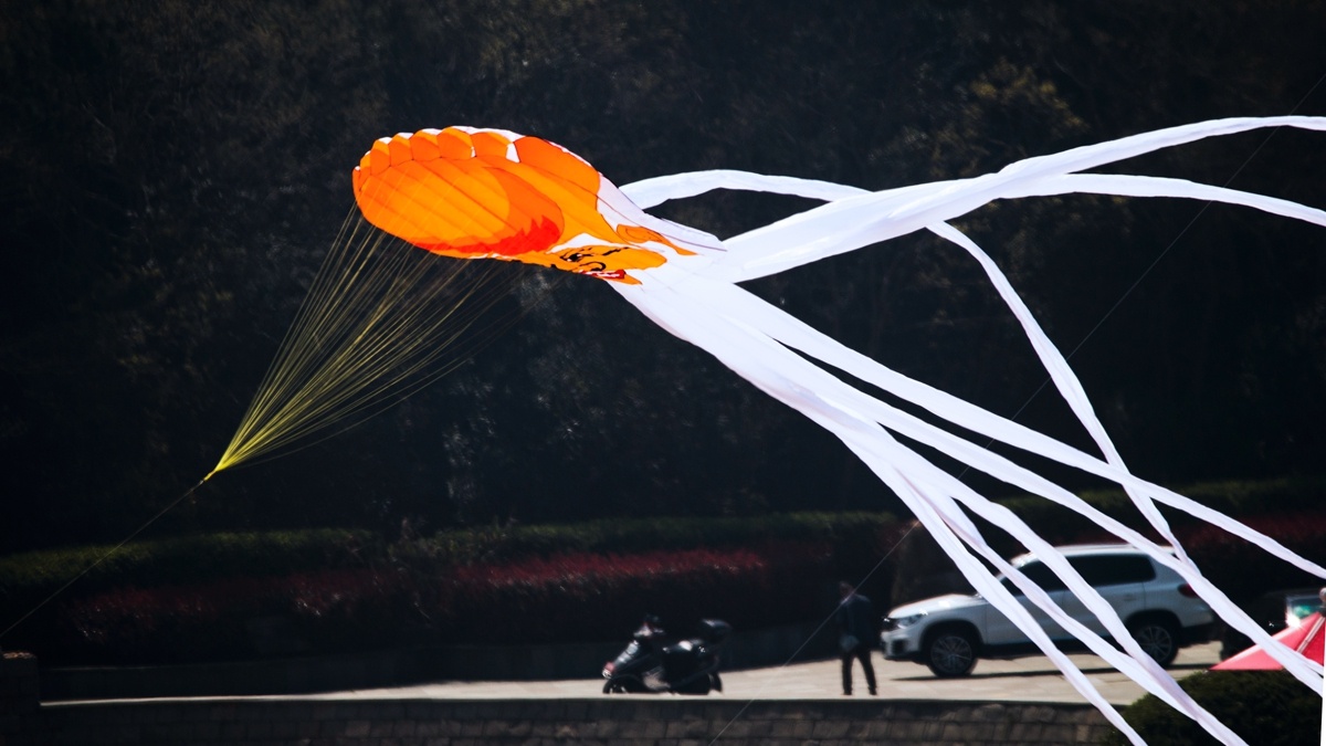 人形风筝在黑背景下衬得格外醒目,仿佛是天上的福禄寿老神仙降临人间.