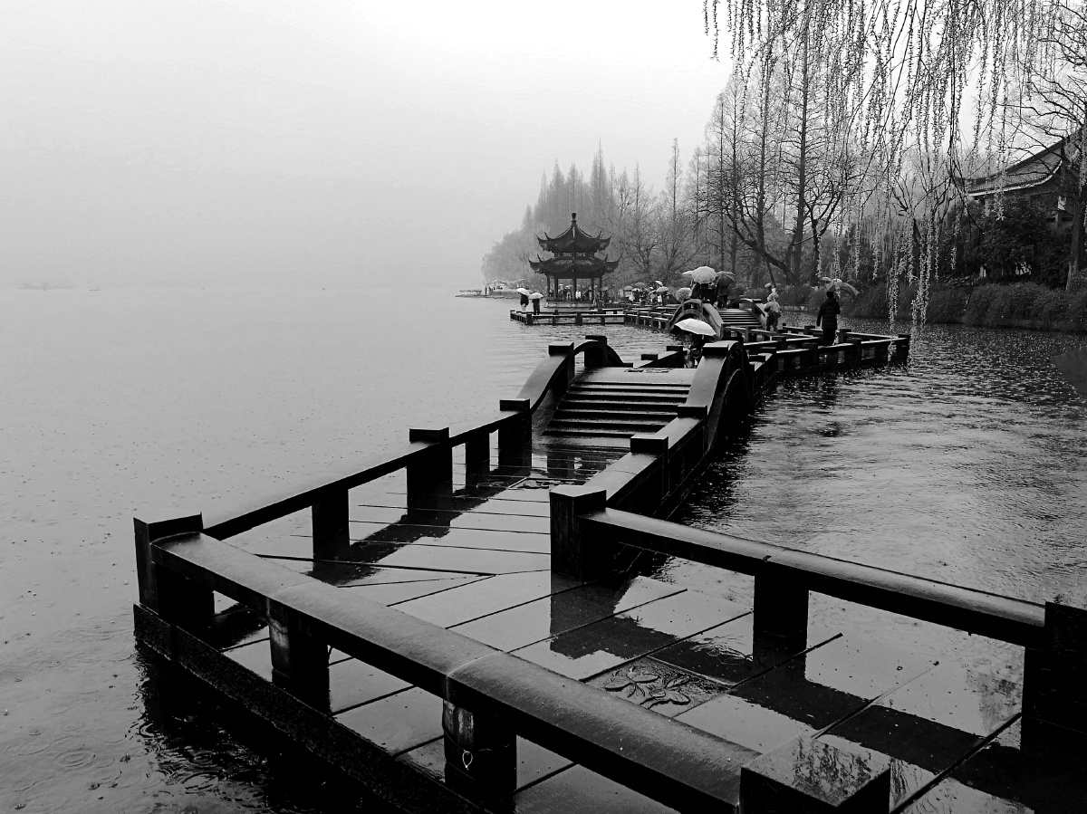 黑白江南雨中蜿蜒栈桥情景