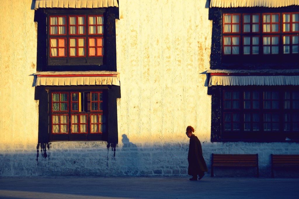 11月，西藏第一缕阳光洒向诵经的僧人。