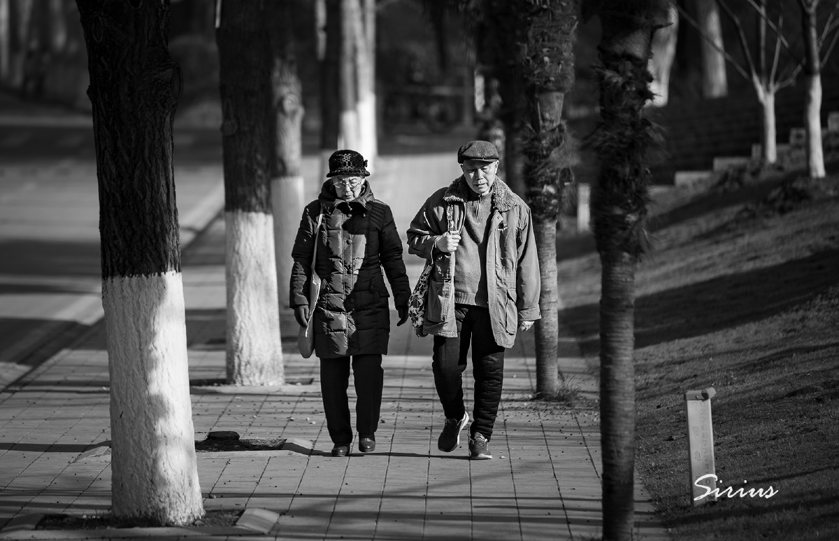 一对老夫妇肩并肩一起走着