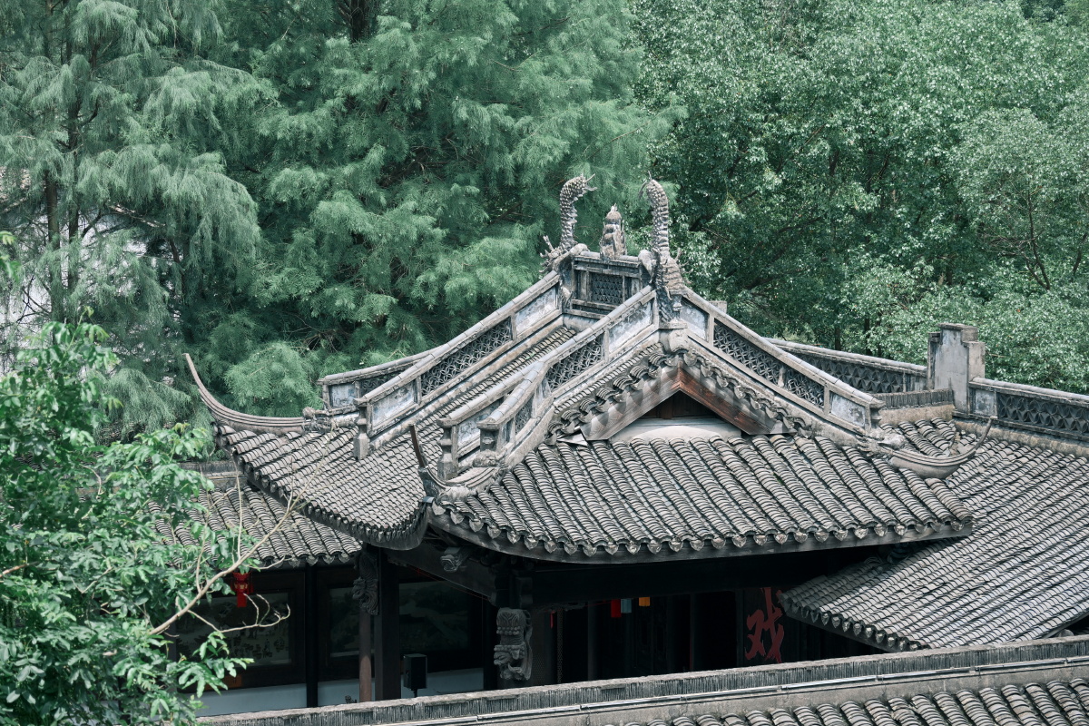 龙脊栖古瓦,翠木绕戏台。