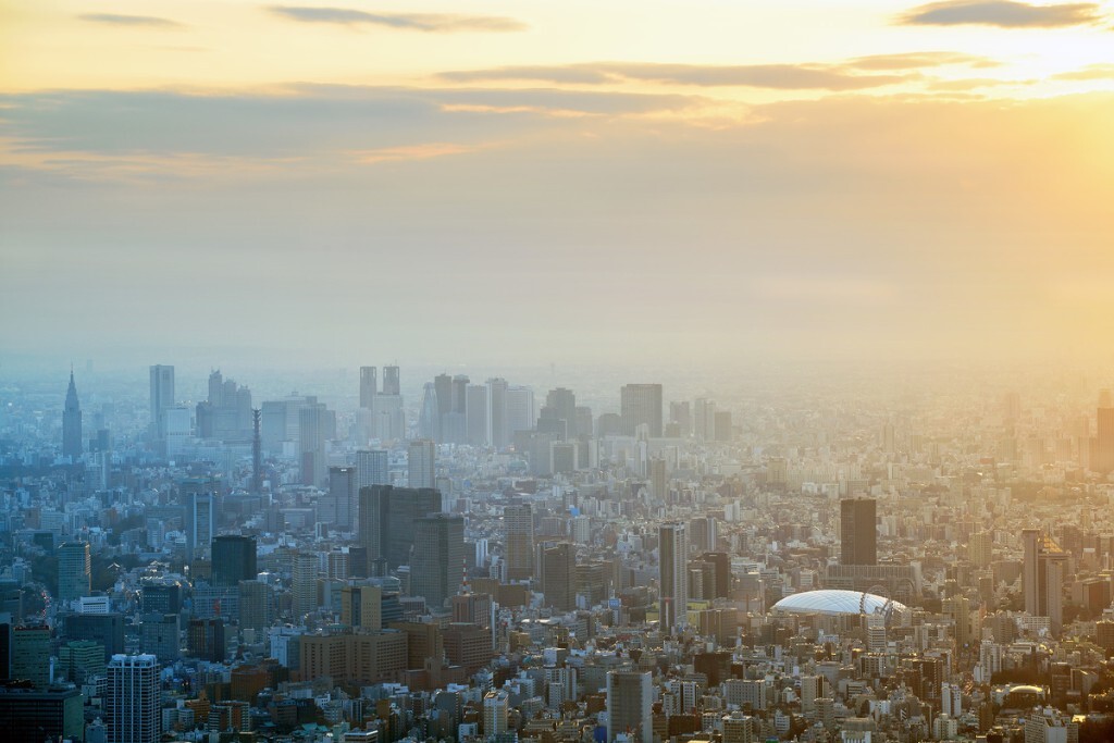 被雾霾和云雾笼罩的东京好像巨大的城市森林，绵延百公里的城市圈被分割出了阴阳两面，好像是昼夜分割线掠过了地面
