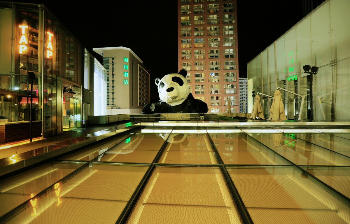 成都ifs楼顶傍的熊猫爬墙雕塑随拍