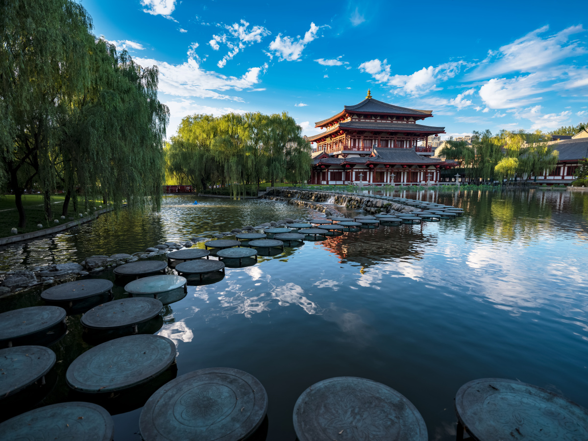 2019年6月30日,陕西西安大唐芙蓉园,杨柳依依湖光山色,天蓝