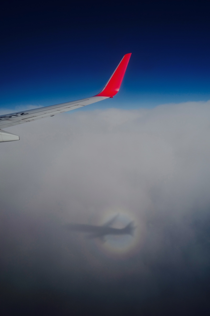 上海飞桂林航班上,飞机的影子投在云朵上,还有一环彩虹