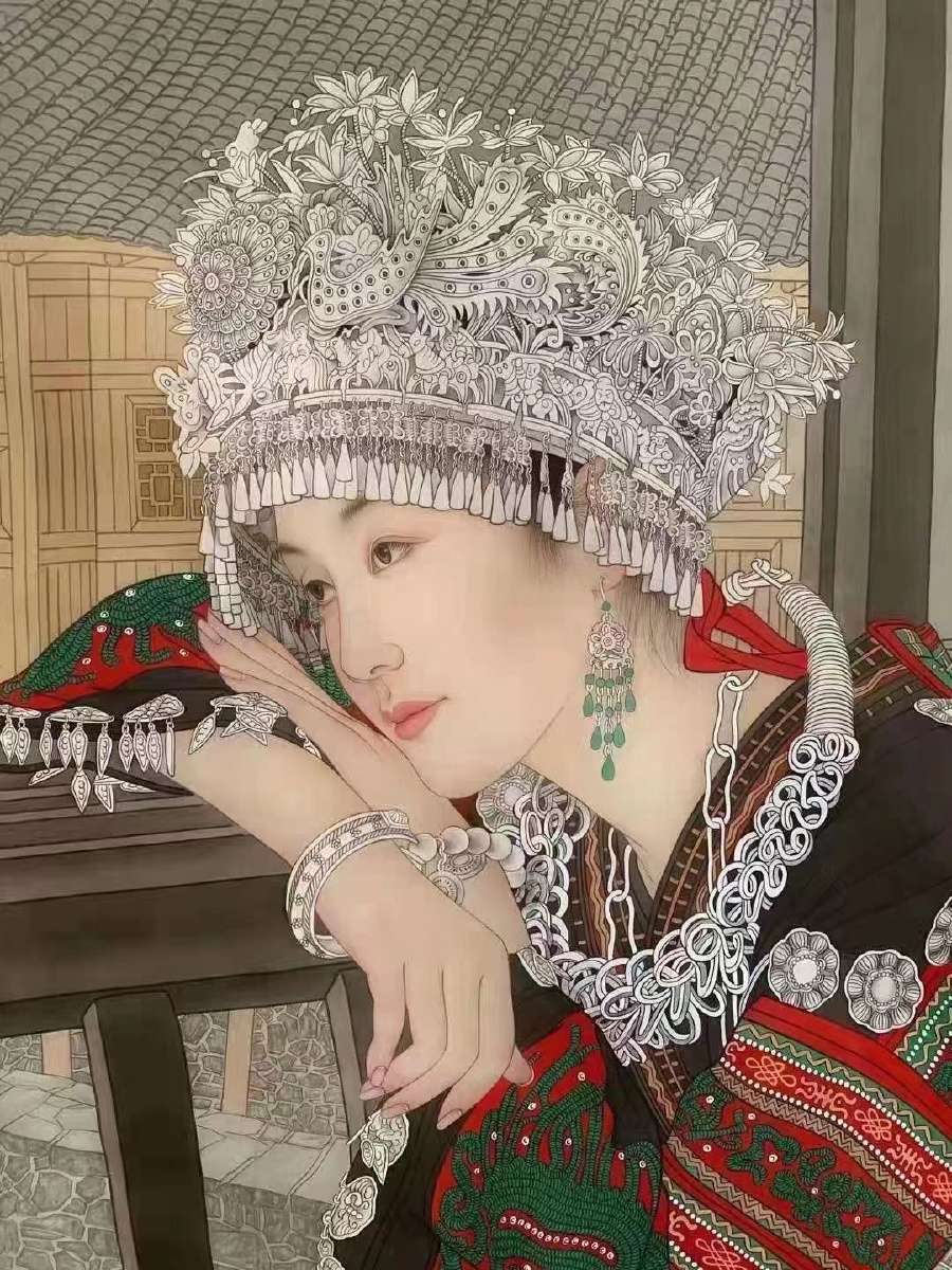 定制精品完成四尺整张绢本工笔少数民族