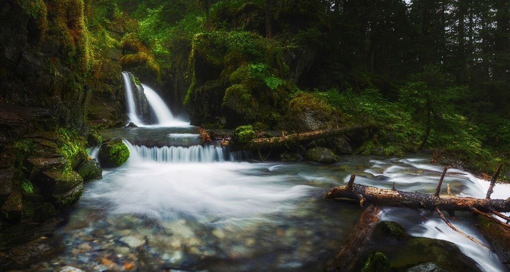 摄于阿拉斯加丛林中的Virgin Creek Falls