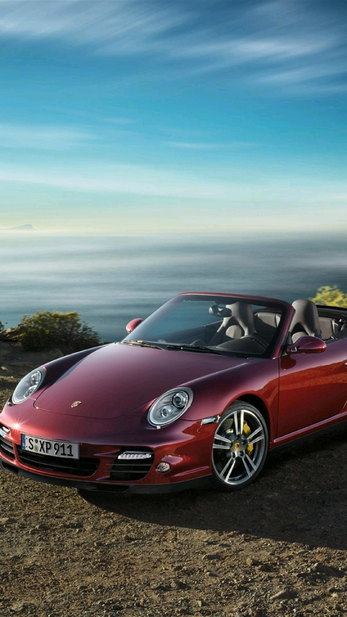 红色保时捷敞篷 海边美景 跑车