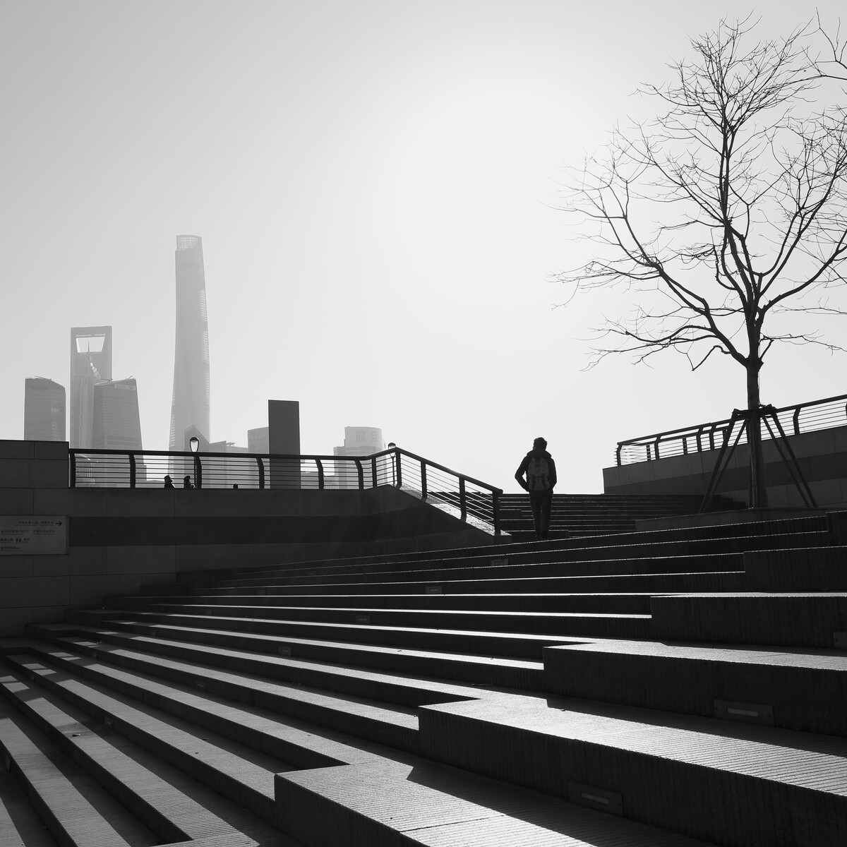 黑白对比强烈的光线,加上雾霾严重,使得楼梯很有空间感,而对岸的高楼则若隐若现的渐灰