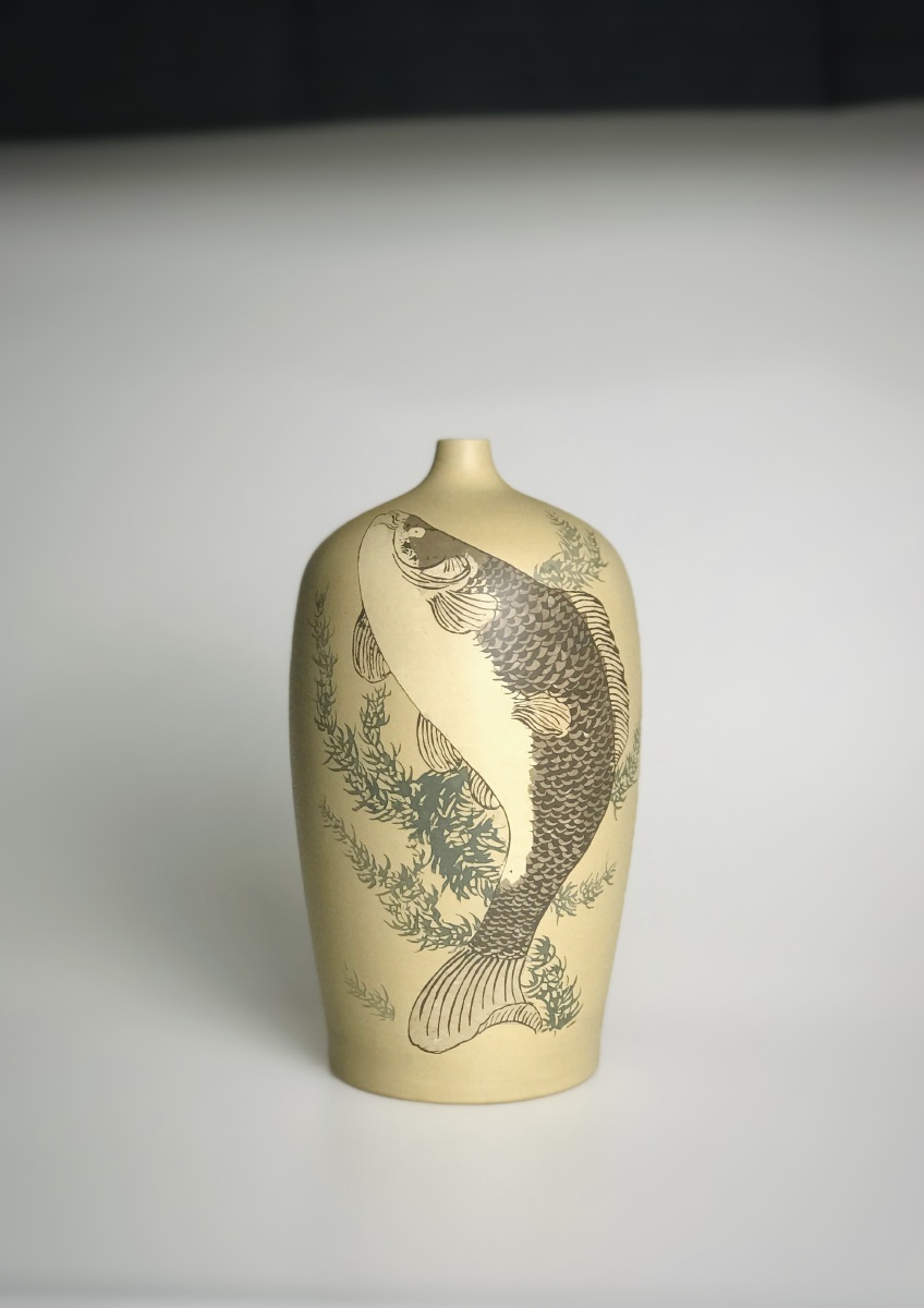 建水紫陶花器摆件赏瓶多次彩填工艺御兑居工作室出品金鹏老师作