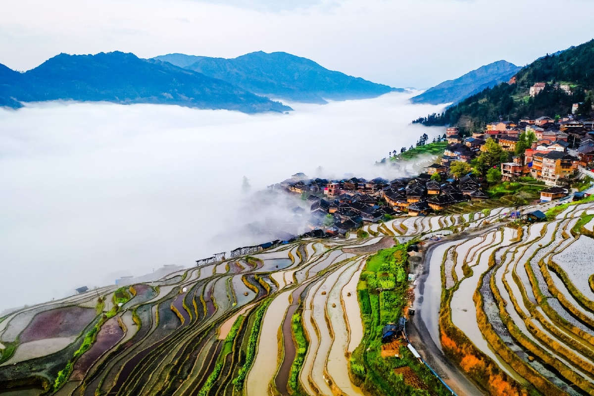 贵州加榜梯田的清晨云海美景