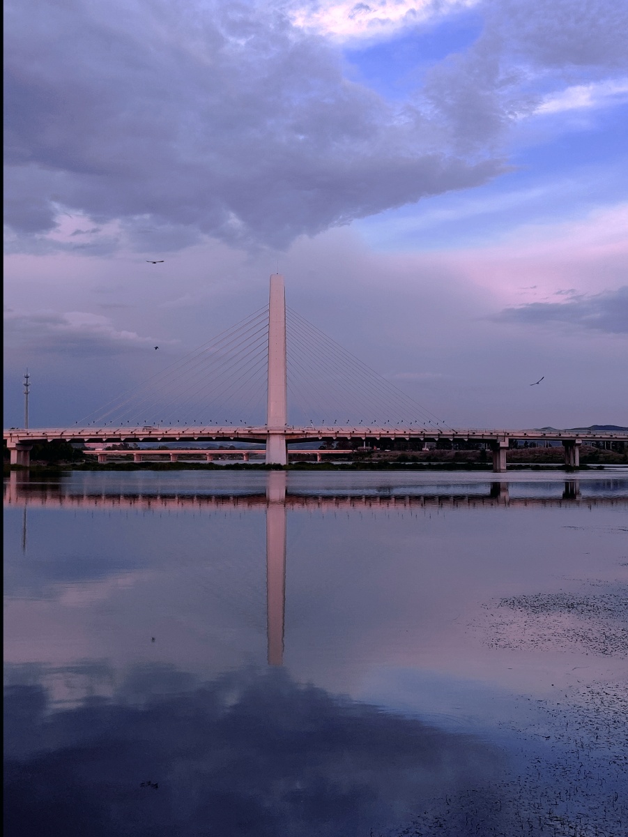 晚霞中的海城杨柳河