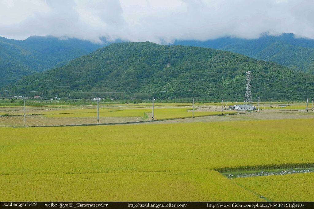  0044 花东风光<br />
<br />
拍摄地点：台铁自强号<br />
<br />
拍摄时间：2013/11/12<br />
<br />
<br />
 这张照片是在台铁自强号上拍摄。拍摄这张照片的时候火车正好经过花莲境内。坐过台铁的多少都有感觉，车身的晃动其实比大陆的火车强烈。火车拍摄不比航拍，飞机是不会出现剧烈震动的，除非遇到气流。遇到气流的可能性不高，火车却是每一秒钟都在震动。这是我认为火车拍摄最困难的地方。我不是坐在座位上，而是站车厢之间的连接处。为了克服车身的震动让相机尽量保持稳定，我整个侧身都贴在车门内侧的玻璃上。好几次因为震动太大撞到头和鼻子。即使是这样拍出来的照片也在细节上也不是做的很好。我也尝试使用三脚架，大部分使用三脚架的时候都是在地面或稳定的平面上，能够保持脚架的稳定性。脚架在火车上使用的时候车厢地面也是晃动的，无法保证脚架的稳定性。所以在火车上使用脚架的意义不大。<br />
<br />
<br />
<br />
<br />
