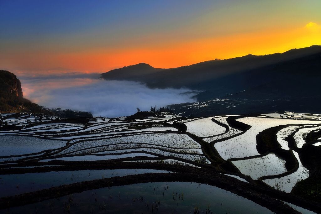 元阳-多依之晨<br />
拍摄于元阳多依树观景台下面的田埂之上，太阳还没有升到山顶之前。光线撒在云海和梯田之上，很柔美。