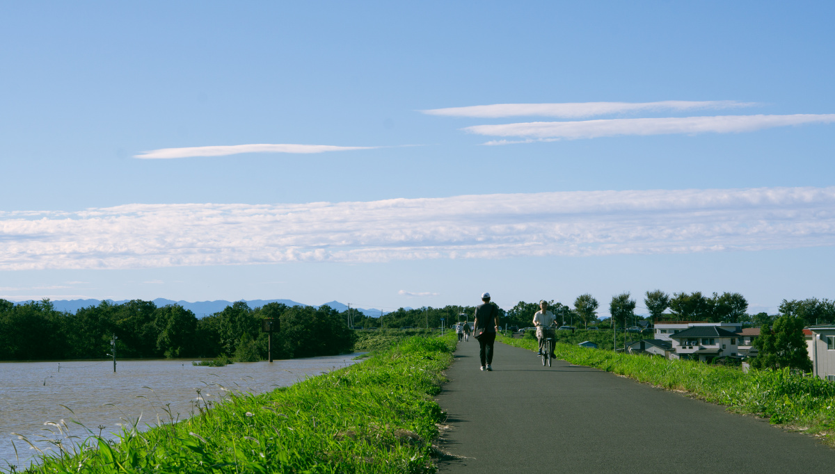 台风过后,人们在堤岸上散步.