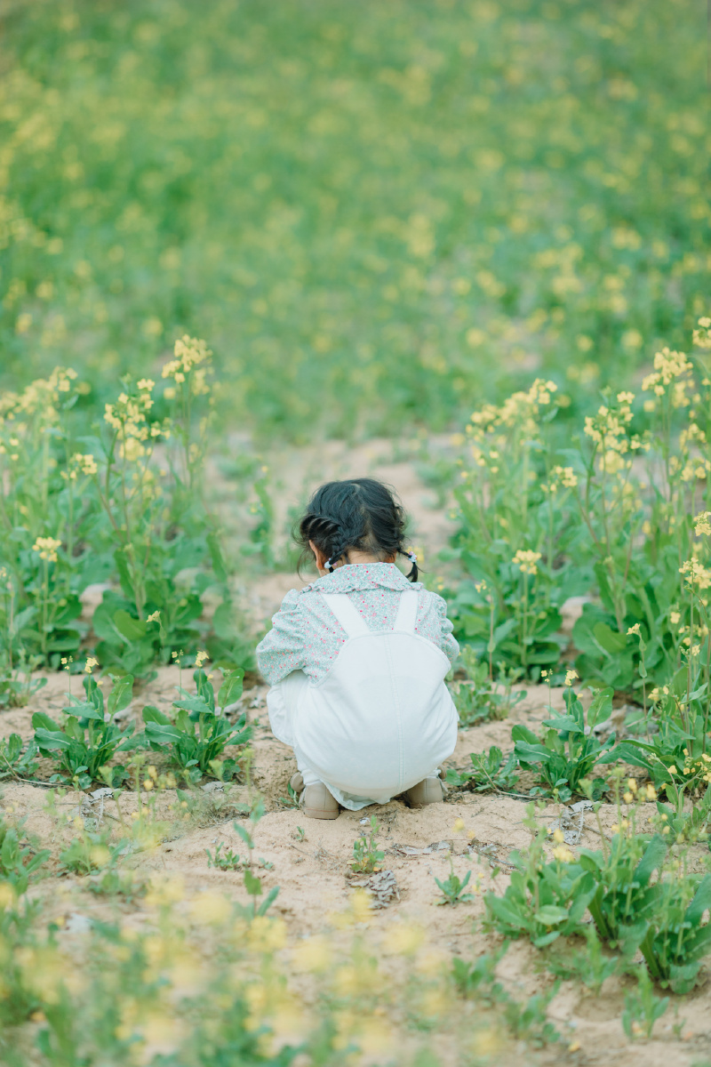 油菜花开跑向春天的小女孩