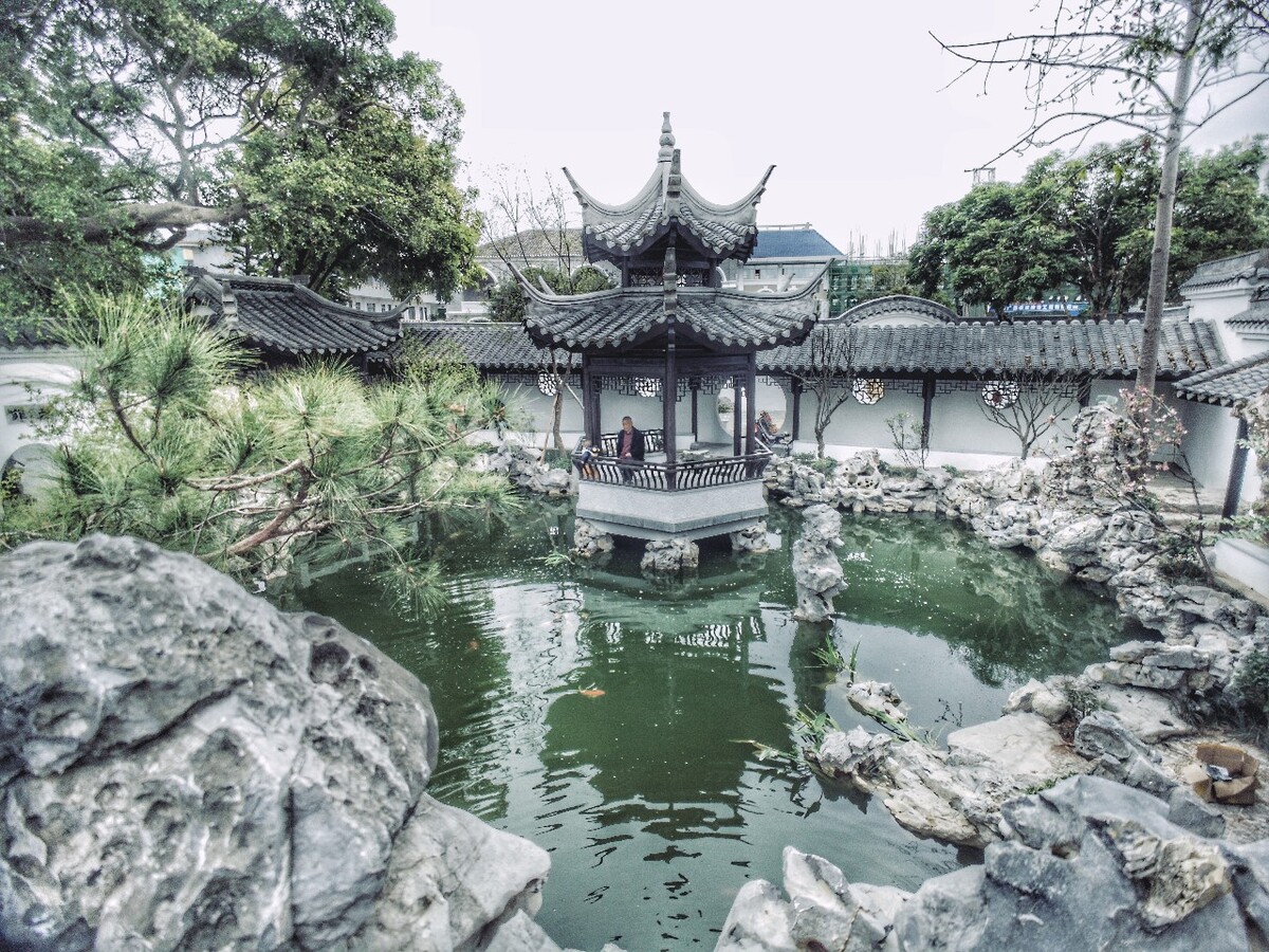 一位老人带着孩子进园游玩。