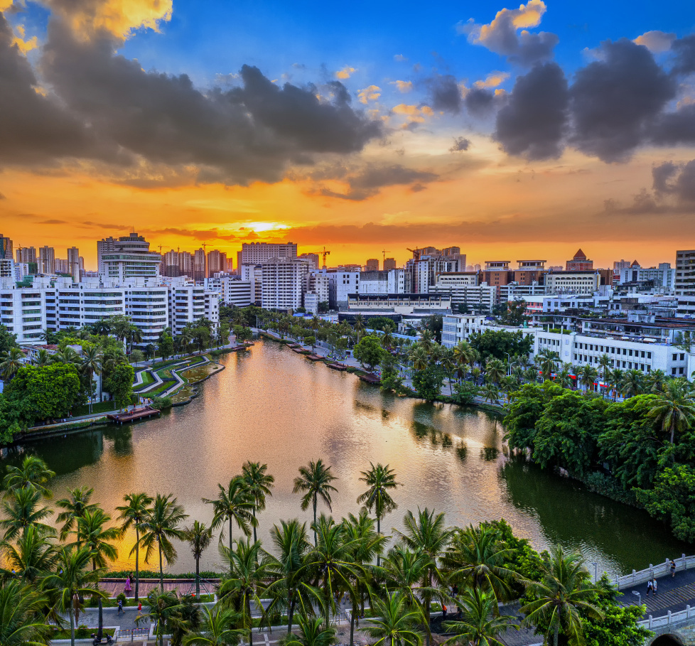 夕照漫游云,椰影映西湖. (拍于海南省海口市市区中心东西湖湿地)