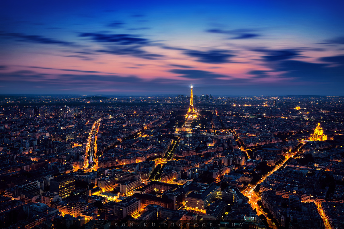 eiffel tower at nightfall.
