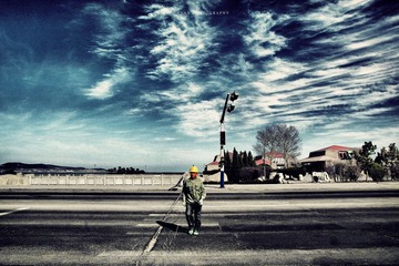 worker cross the road