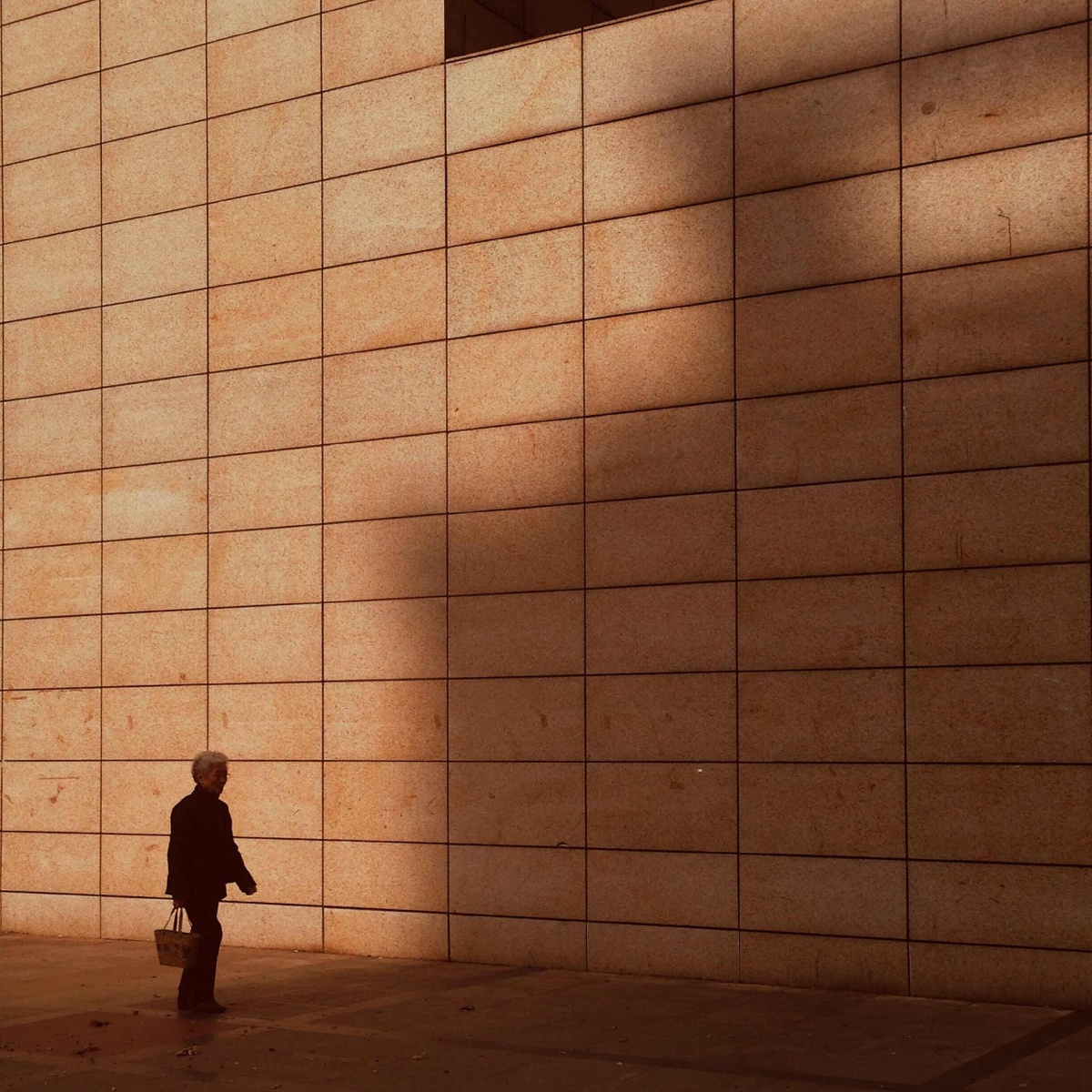 冬日金黄色的阳光下一位老人提着小篮子步履稳健地走在街上南京