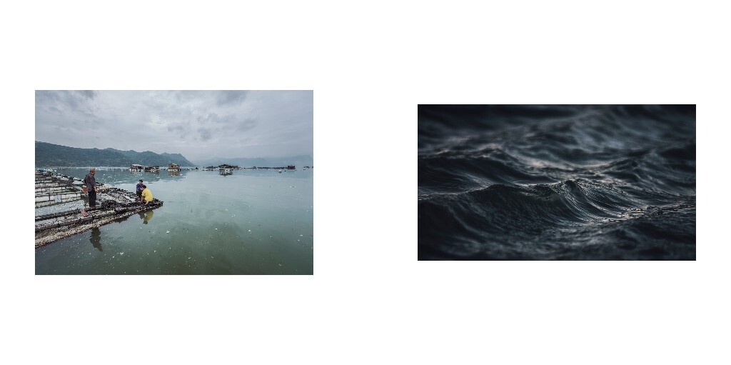 左图:台风过后,一片狼藉的海面。右图:夏季逐渐结束,天气不再恶劣,只要应付了秋季的大黄鱼烂尾病,便将迎来收获的季节。一眼无垠的青蓝,这便是渔民生活的缩写。<br />