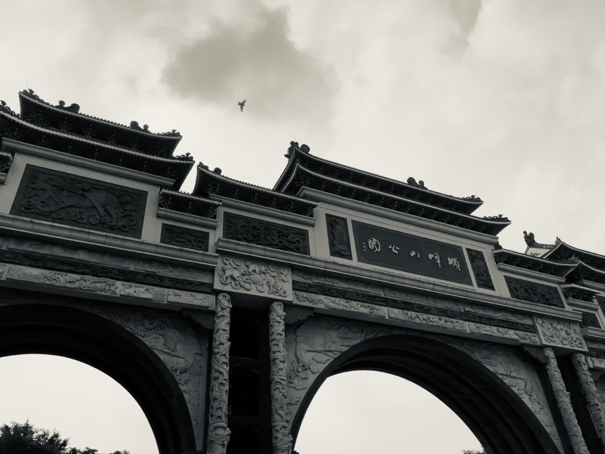 中国第一牌坊顺峰山公园大门,恰好一只鸟飞过