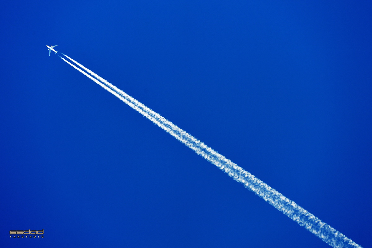 原本在霞浦海边拍滩涂,抬头突然看见飞机飞过天空,留下了一条轨迹