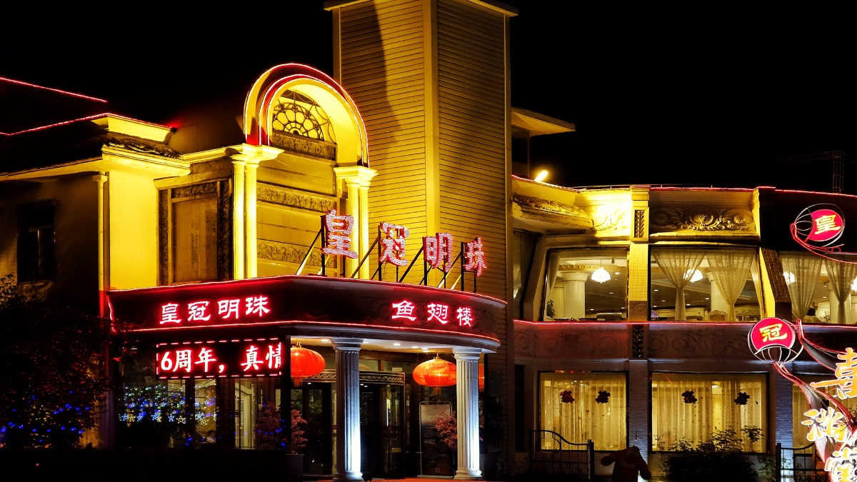 皇冠明珠夜景曾经是天津水上公园旁的餐馆,外观富丽堂皇,内部空间很大