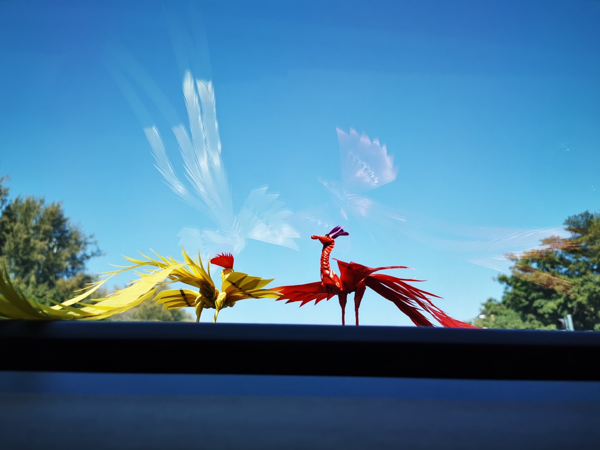 深圳凤凰山上的手艺人作品纸凤凰凤凰于飞天空上的倒影