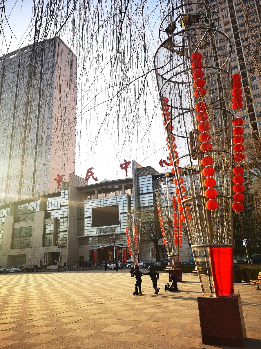 2020年2月19日,陕西宝鸡市,"雨水"节气市民中心广场梅花绽放,柳树发芽