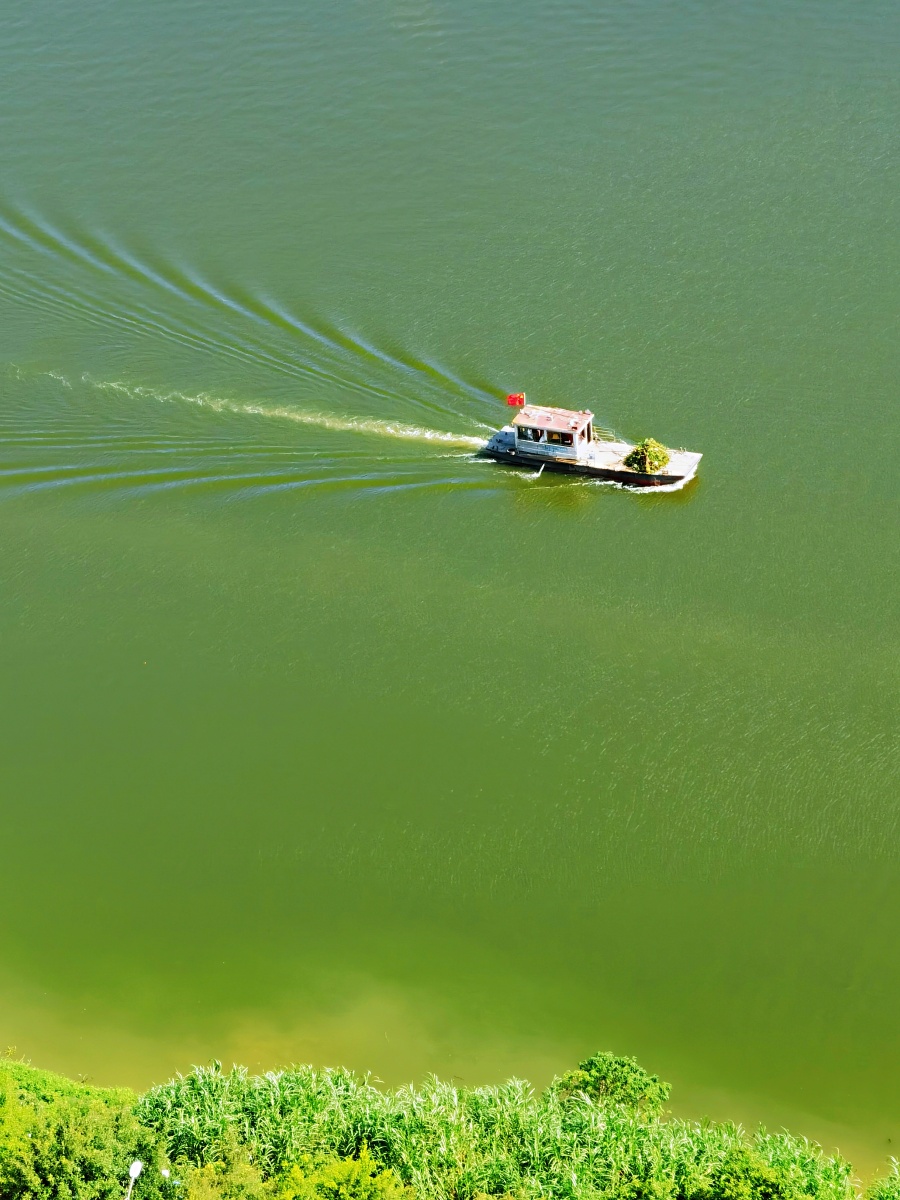 江中的一条小船在碧波中荡漾