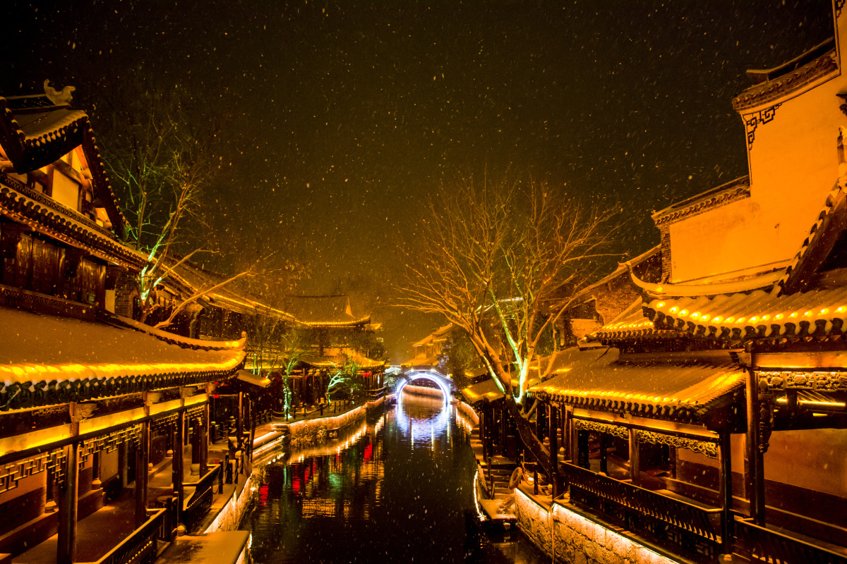 台儿庄古城雪夜