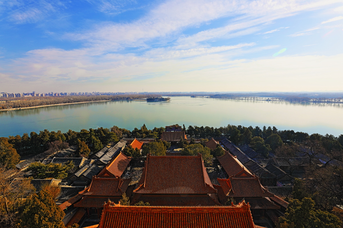 颐和园佛香阁顶拍摄的昆明湖景色