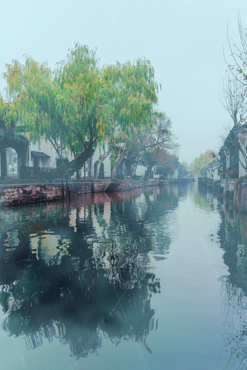 冬天,雨雾中的江南.