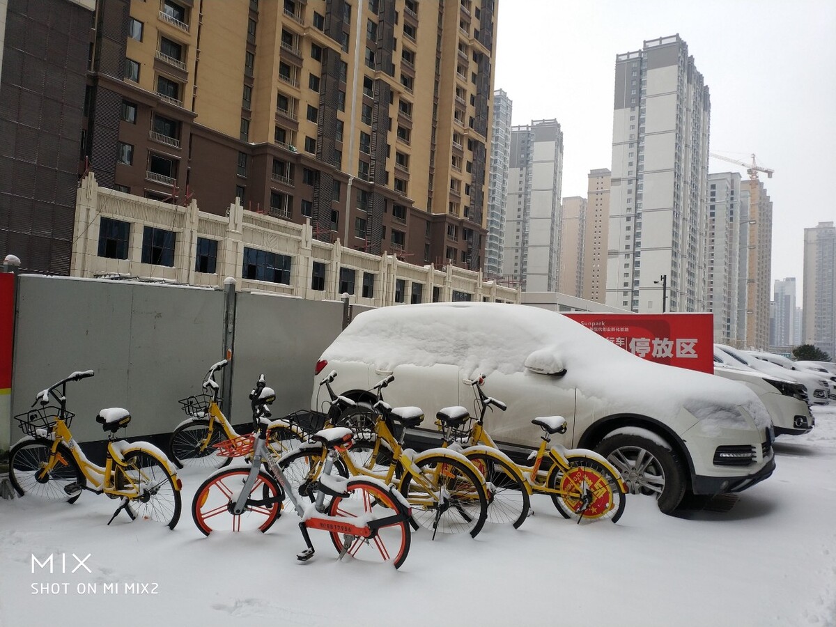 共享单车。没有严谨的构图，只觉得被大雪没过车轮的样子，很有意思，雪是白的，单车的色彩和雪相应成趣。傍晚夕阳落下时，那暖暖的光和摩拜的色也交相辉映，很和谐。