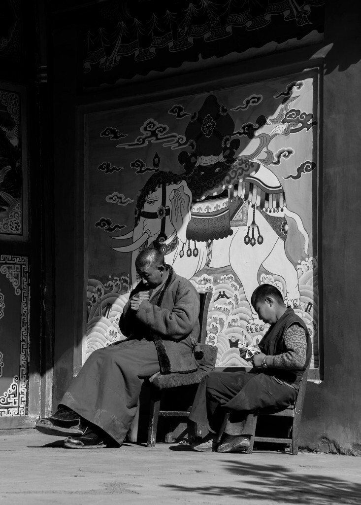 图片中的这父子俩同时也是当地一个藏传佛教寺庙里的僧侣，由于嘉峪关藏族佛教信徒很少，只有文殊乡居住着一些藏族居民，所以寺庙平时没什么人进出，我拍摄的时候是寺庙里唯一的来客，这父子俩正在打发百无聊赖的时光。父子之间的交流，有时候不用言语的，而是彼此的陪伴。
