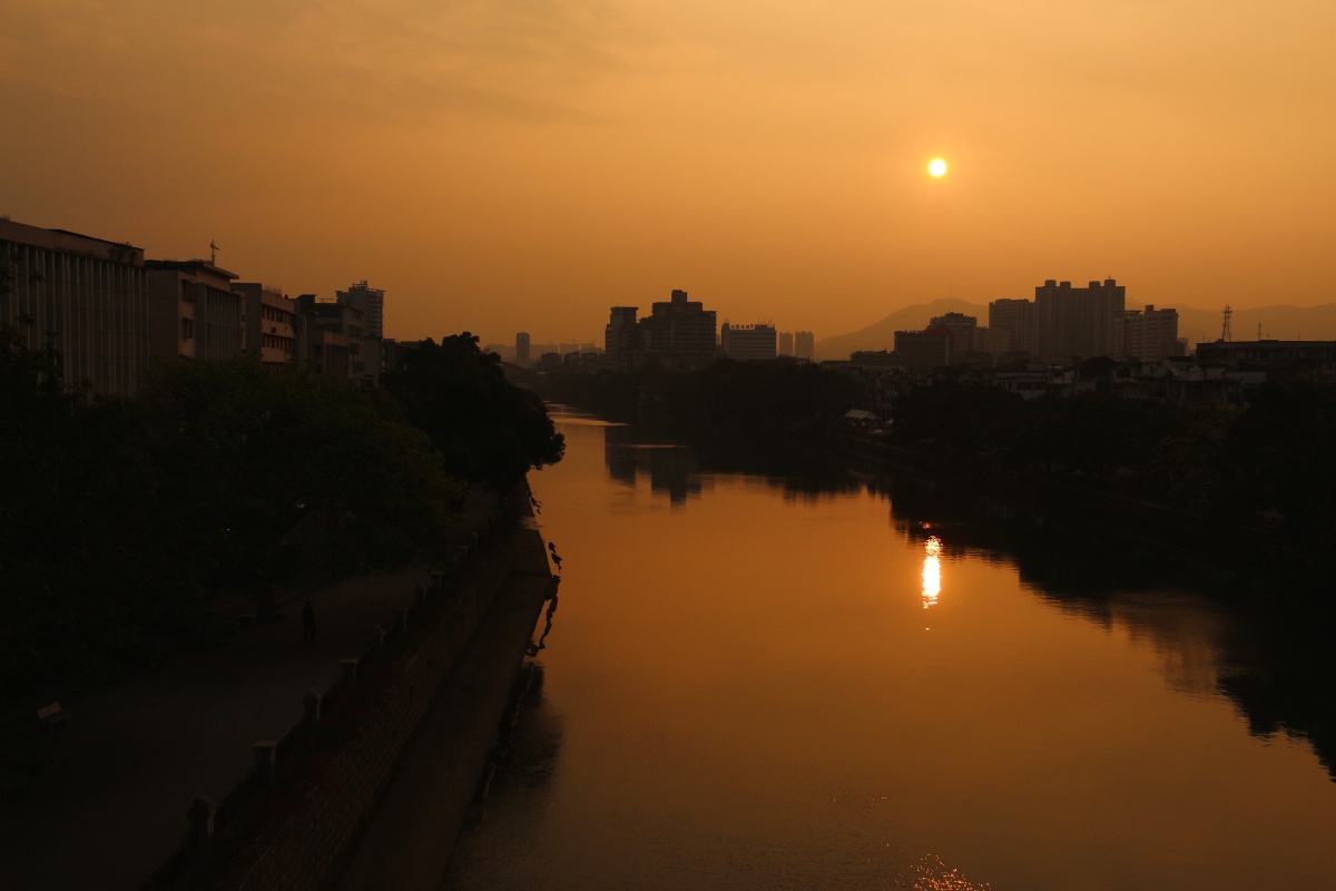 城市黄昏夕阳西下