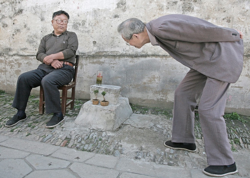 两位老人在弄堂口欣赏自己培植的微型盆景。苏州西中市，2008年5月摄于西中市