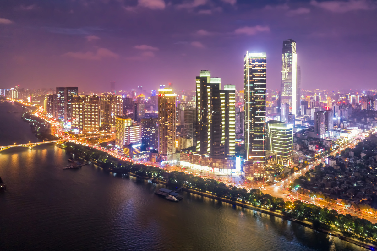航拍长沙湘江风光带夜景