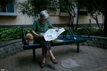 看报的老人和她的小狗