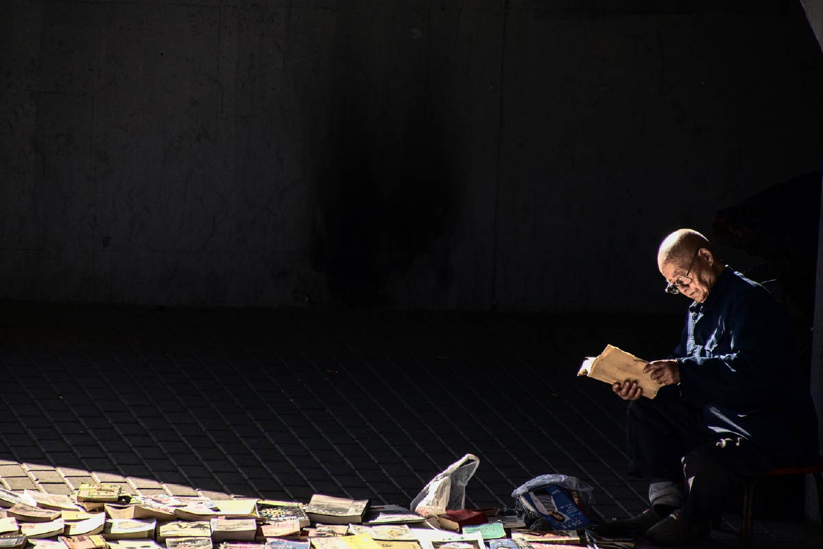 桥下看书的老人