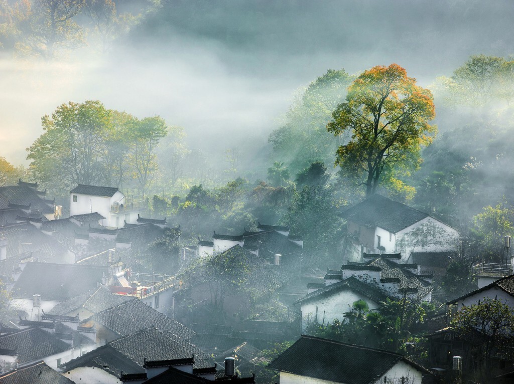 江西婺源的秋色在全国很出名，一到秋季就有成群结队的人背着器材前来拍摄。为了抢占绝佳位置，天没亮我就起床到山上找角度，要知道去晚了可就错失了最佳角度。早晨，山间晨雾飘飘渺渺，略有一丝凉意。精巧的徽派建筑隐藏在迷蒙如纱的晨雾中，古镇一派平和温润，清新的一天又开始了。
