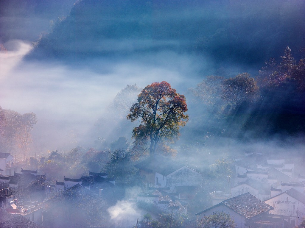 秋天的石城清晨，村子里的居民做早饭而产生的缕缕炊烟，凝聚在古村落之间，使这充满古徽州建筑特色的程村若隐若现。等到阳光喷薄而出，那通过山坳的光线透过巨大的红枫树一束束地照射到这人间仙境中时，只见得炊烟袅袅，光影浮动，若现若隐。