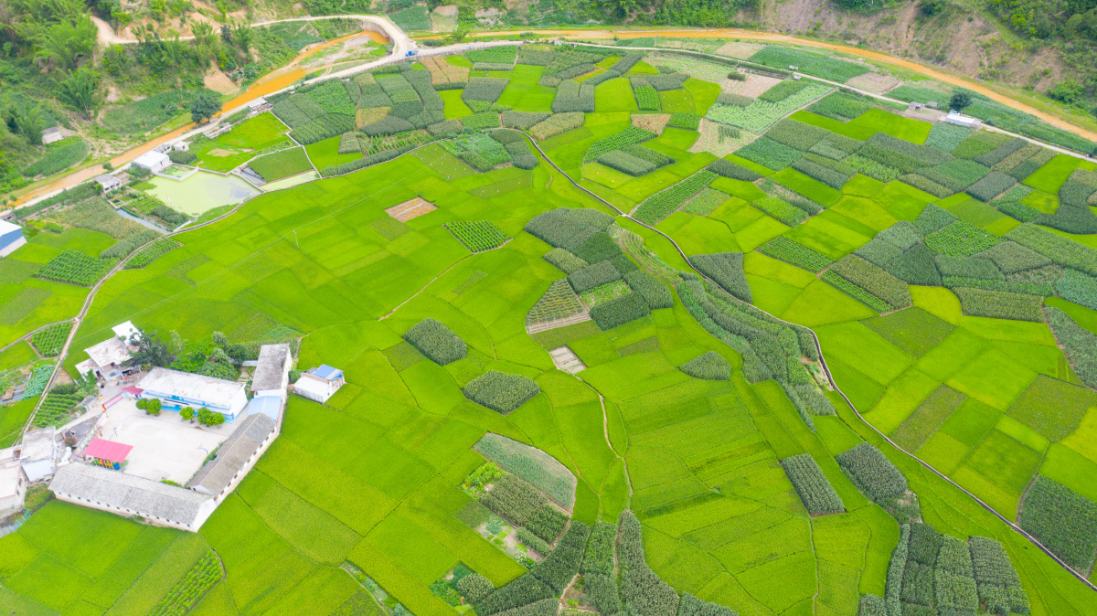 航拍青山环抱下的云南山村普洱市墨江县龙坝镇杩木村